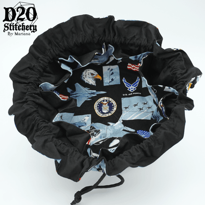 Open US Air Force epic dice bag showing matching interior fabric and 8 pockets.