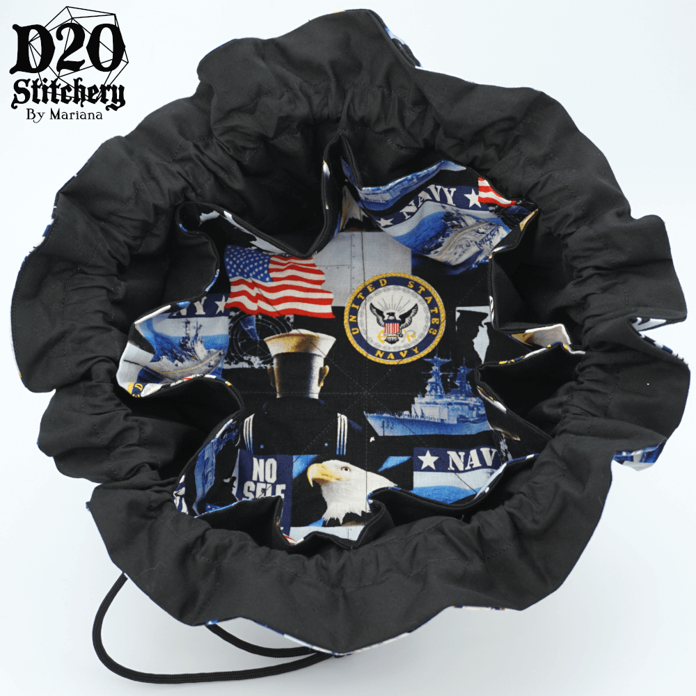 Open US Navy epic dice bag showing matching interior fabric and 8 pockets.